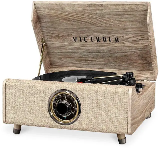 Main image of Highland 4-in-1 Bluetooth Record Player with Speakers 3-Speed Vinyl Record Player, FM Radio & 3.5mm Aux, Wireless Music Streaming (Farmhouse Oatmeal)