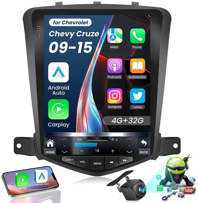 Main image of 8Core+4GB RAM Andriod 13 Car Radio Stereo for Chevrolet Chevy Cruze 2009-2015: 10.4 Inch Tesla Style HD IPS Touchscreen Wireless Carplay Andriod Auto GPS Navi Bluetooth 5G WiFi Backup Camera FM SWC