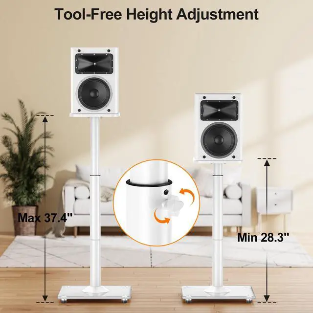 Alt view image 2 of 4 - Universal Speaker Stands Height Adjustable 28"-37.4", Bookshelf Speaker Stand Pair for Satellite Studio Large Speakers Up to 22 lbs, Surround Sound Speaker Stand with Cable Management, White