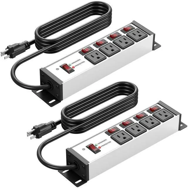 Main image of 2PCS Heavy Duty Power Strip Surge Protector 20 AMP Individual Switches. 12 Gauge Extension Cord with Multiple Outlets. Garage, Shop, Industrial Wall Mount Electric Extender. 4FT, Silver