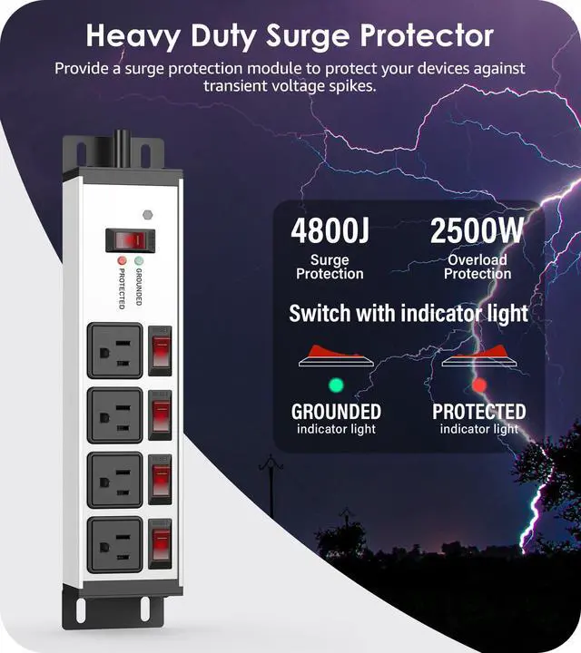 Alt view image 2 of 4 - 2PCS Heavy Duty Power Strip Surge Protector 20 AMP Individual Switches. 12 Gauge Extension Cord with Multiple Outlets. Garage, Shop, Industrial Wall Mount Electric Extender. 4FT, Silver