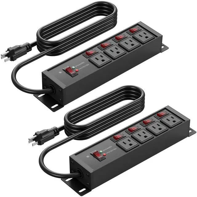 Main image of 2PCS Heavy Duty Power Strip Surge Protector 20 AMP Individual Switches. 12 Gauge Extension Cord with Multiple Outlets. Garage, Shop, Industrial Wall Mount Electric Extender. 4FT, Black