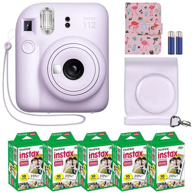 Main image of Instax Mini 12 Instant Camera + MiniMate Accessory Bundle & Compatible Custom Case + Fuji Instax Film Value Pack (50 Sheets) Flamingo Designer Photo Album (Lilac Purple)