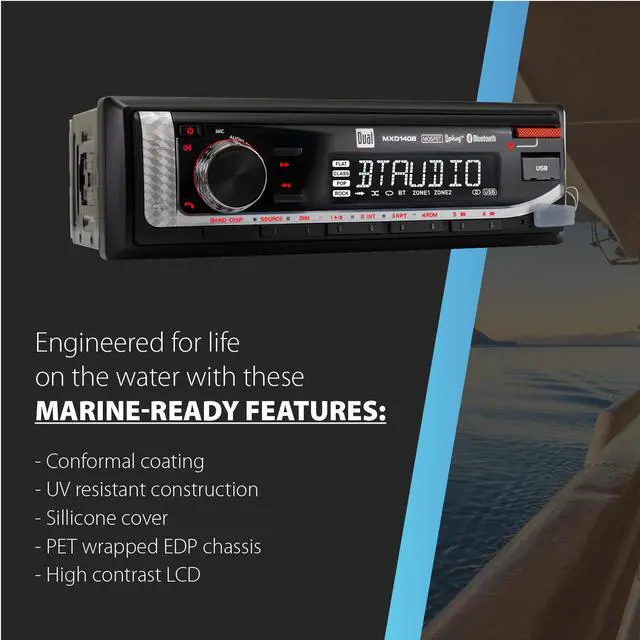 Alt view image 2 of 4 - MXD140B Marine Stereo with Built-in Bluetooth | Single DIN 8-Character Sunlight-Readable LCD Display | Weatherproof | AM/FM Stereo Receiver | USB Port with 2.1 A Charging | Black