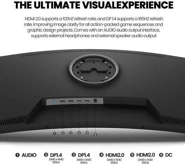 Alt view image 3 of 4 - 34Inch Ultrawide Gaming Monitor, WQHD(3440 * 1440P) 144Hz/165Hz Curved Monitor,120% sRGB, Computer Monitor that Supports AMD Freesync, Wall Mountable Installs(HDMI, DP)-Black