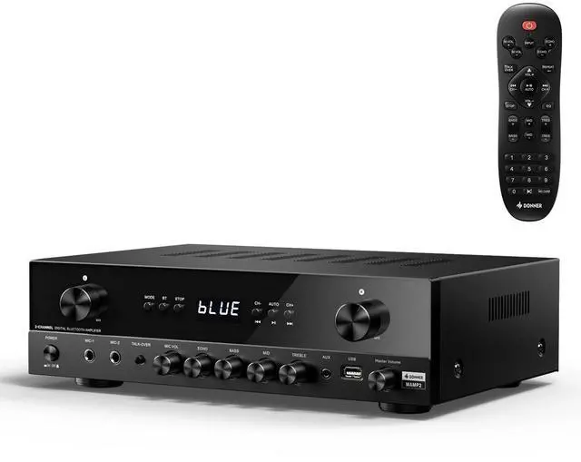 Main image of Stereo Audio Amplifier, 600W Peak 2 Channel Receiver with Bluetooth 5.3, Phono, Optical, Coaxial, USB, FM, 2 Mic-in, Aux, RCA Input for Home, Karaoke, Theater Speakers, MAMP2