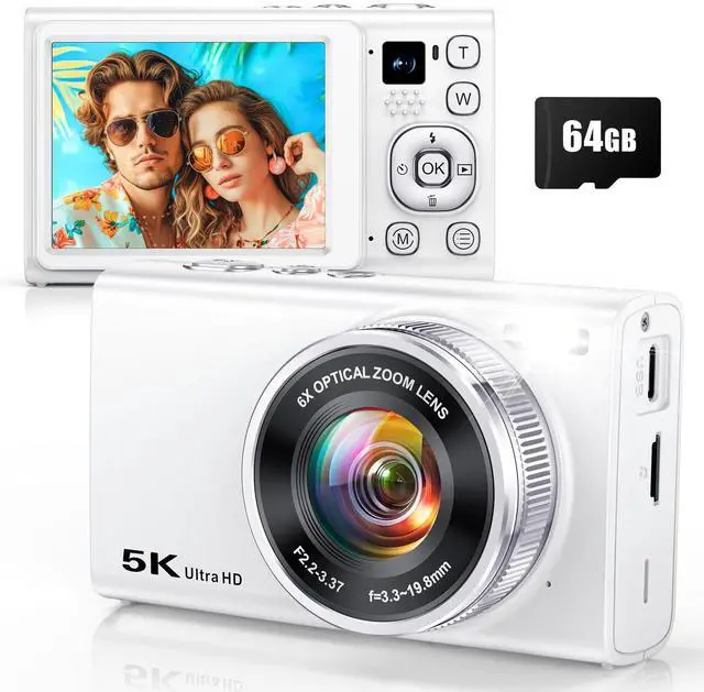 Main image of 5K Digital Camera for Photography with 6X Optical Zoom, 2026 Latest 96MP Autofocus Vlogging Camera for YouTube with Dual Lens, Anti-Shake, Flash, Compact Small Travel Cameras with 64GB Card, White