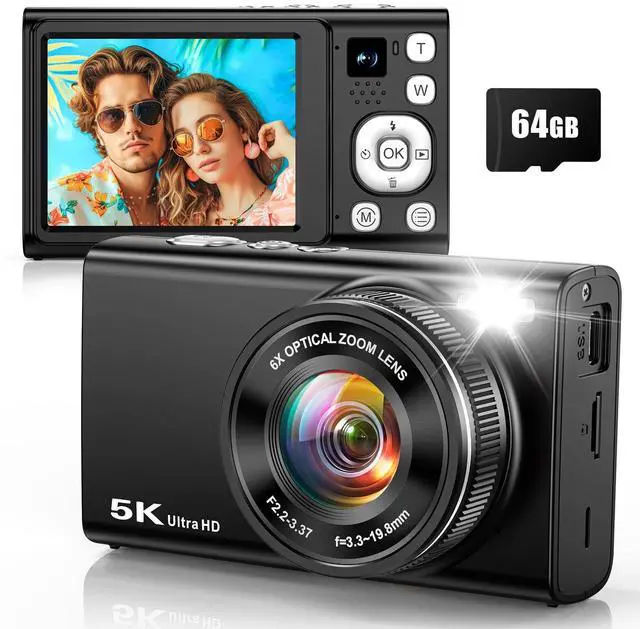 Main image of 5K 96MP Digital Camera for Photography with 6X Optical Zoom,2026 Upgraded Autofocus Vlogging Camera for YouTube with Dual Lens, 64GB Card, Flash, Anti-Shake, Compact Point and Shoot Digital Cameras