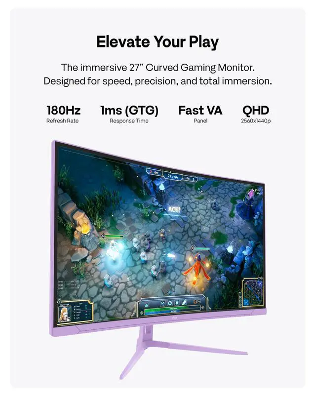 Alt view image 2 of 4 - PXC278 Wave Purple 27 inch 180Hz Refresh Rate QHD 1440p Resolution 1650R Curved Fast VA Panel 1ms GTG Response Time Adaptive Sync HDR Curved Gaming Monitor