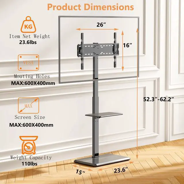 Alt view image 3 of 4 - Universal Floor TV Stand,TV Floor Mount Stand with Removable Shelf for 32-75 inch TV up to 110 lbs, Swivel and Height Adjustable Tall TV Stand for Bedroom,Office(TCP01-2-M-A02)