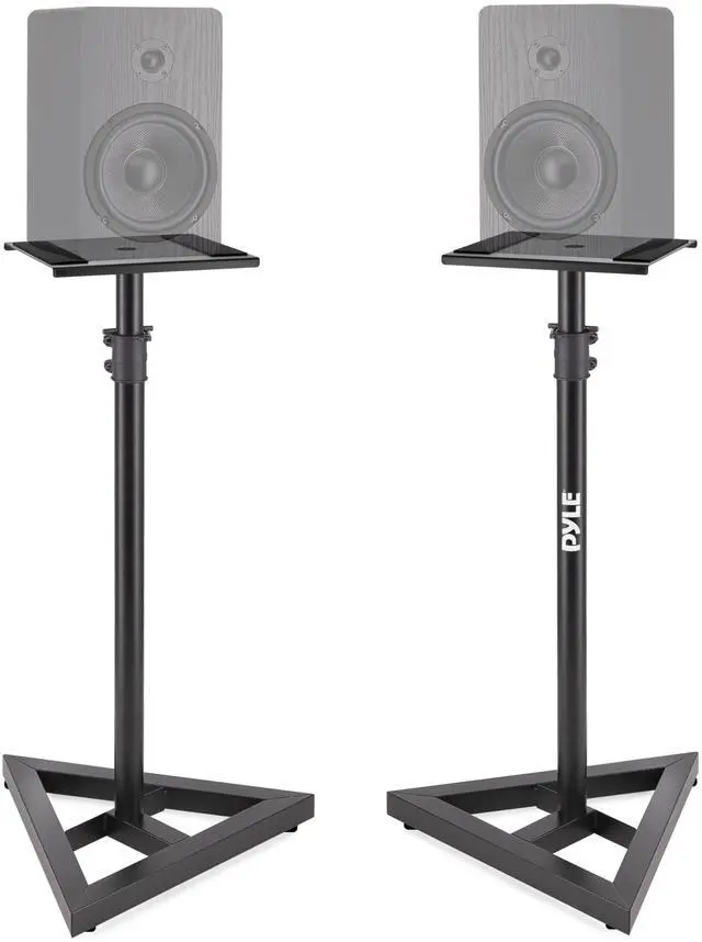 Main image of Speaker Stand Pair of Sound Play 1 and 3 Holder - Telescoping Height Adjustable from 26 - 52 Inch High Heavy Duty Three-point Triangle Base w/ Floor Spikes and 9 Square Platform, Black