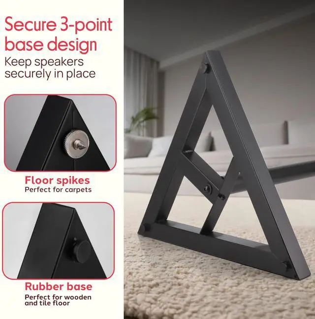Alt view image 4 of 4 - Speaker Stand Pair of Sound Play 1 and 3 Holder - Telescoping Height Adjustable from 26 - 52 Inch High Heavy Duty Three-point Triangle Base w/ Floor Spikes and 9 Square Platform, Black