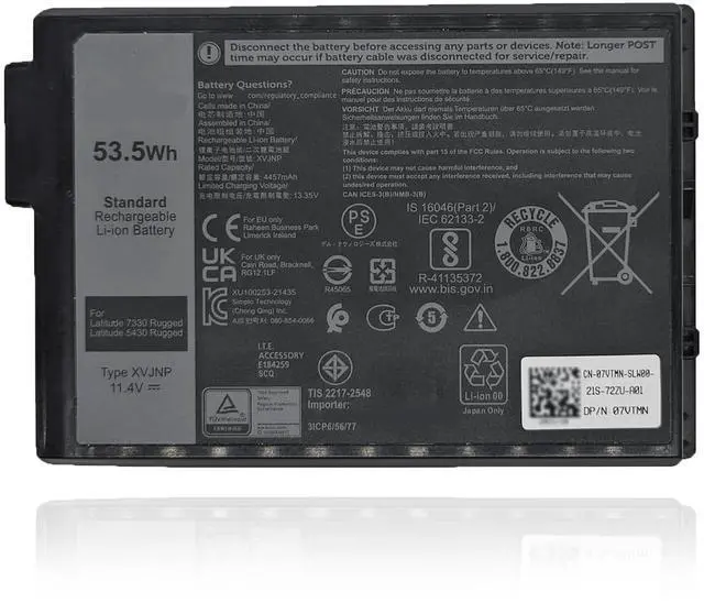 Main image of XVJNP Laptop Battery Compatible with Dell Latitude 5430 7330 Rugged Latitude P148G P148G001 P149G P149G001 Series 6JRCP 06JRCP M0TN3 0M0TN3 KD1CT 451-BCWQ 53.5Wh 4457mAh 11.4V