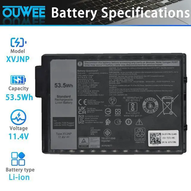 Alt view image 2 of 4 - XVJNP Laptop Battery Compatible with Dell Latitude 5430 7330 Rugged Latitude P148G P148G001 P149G P149G001 Series 6JRCP 06JRCP M0TN3 0M0TN3 KD1CT 451-BCWQ 53.5Wh 4457mAh 11.4V