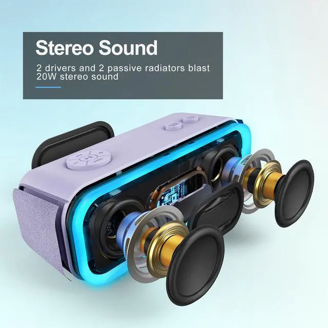 Alt view image 2 of 6 - SoundBox Pro Bluetooth Speaker, 20W Stereo Sound, Active Extra Bass, 20H Playtime, Multi-Colors Lights, Wireless Stereo Pairing, IPX6 Waterproof for Garden, Hiking, Camping, Beach, Party-Purple