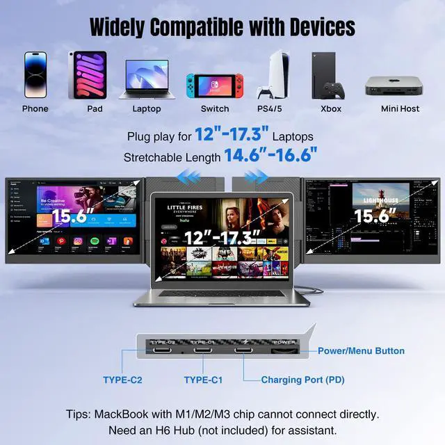 Alt view image 5 of 6 - Laptop Screen Extender 15.6", 1080P FHD IPS Ultra-Slim Triple Portable Monitor for Laptop 12-17.3", Eyes Care HDR Travel Monitor, USB-C/HDMI Plug-Play Monitor Extender for macOS/Win and Phone