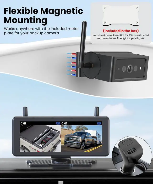 Alt view image 3 of 6 - AUTO VOX Wireless Backup Camera Magnetic:Portable No Wiring 1 Min Install Trailer Hitch Camera,2-Channel HD 1080P Car Monitor & IR Night Vision Back Up Camera Systems for Truck,RV (7.2 inch Dual cam)