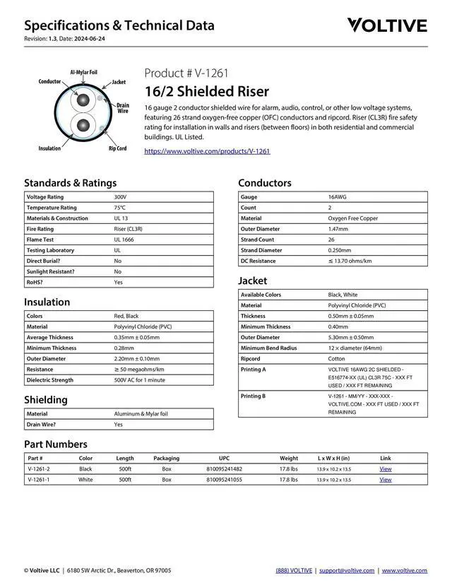 Alt view image 6 of 6 - 16/2 Shielded Low Voltage Wire, Riser CL3R, White, 500ft - 16AWG, 2 Conductors, Overall Shield, Stranded Bare Copper, UL Listed - V-1261-1