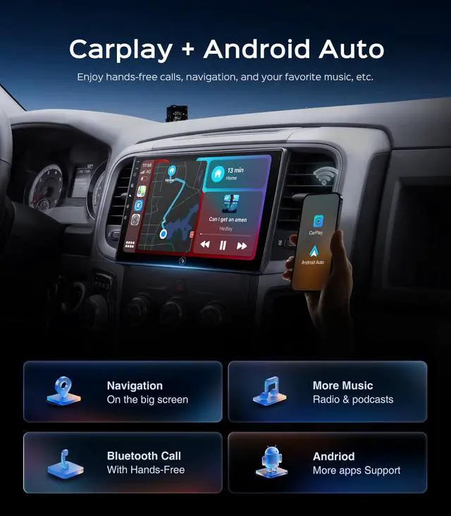 Alt view image 3 of 6 - 10.2inch Car Stereo Radio for Dodge Ram Pickup 1500 2500 3500 2013 2014 2015 2016 2017 2018 2G+32G with Wireless carplay/Android auto/Touchscreen/Android13/GPS Navigation/HD Backup Camera