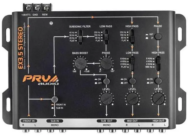 Alt view image 3 of 4 - Crossover Car Audio EX3.5 Stereo 3 Way or 2 Way Electronic Crossover 9 Volts, 4 in 6 Out RCA Channels Car Sound Processor