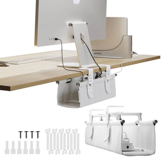 Main image of Original No Drill Under Desk Cable Management Tray 14.1" - Premium White Fabric Cable Management Under Desk - Clamp/Screw Mount Cord Organizer - Supports Upto 66lbs