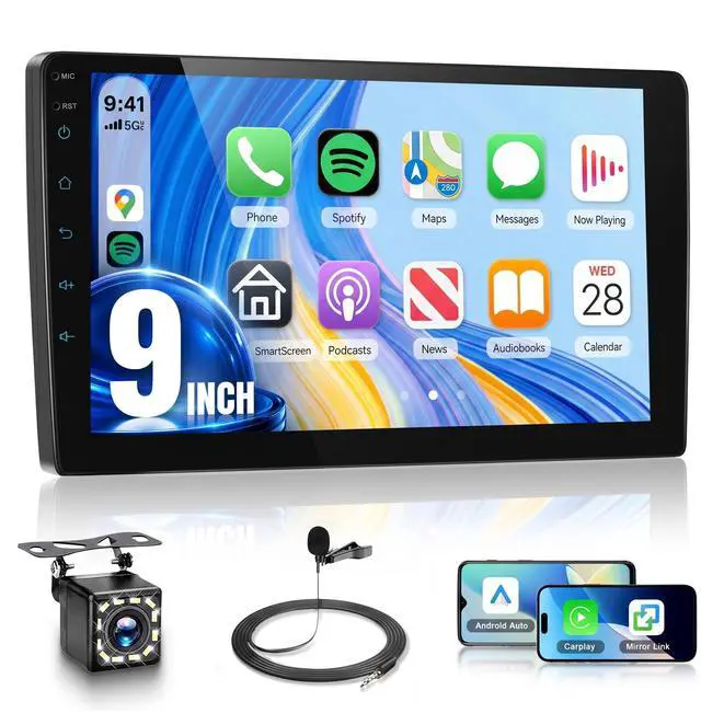 Main image of Single Din Car Radio Stereo, Wireless CarPlay Android Auto, 1 Din 9 Inch Touchscreen Radio, Bluetooth DSP FM/RDS, SWC, Vi-Link, Backup Camera, Support You-Tube Online Video