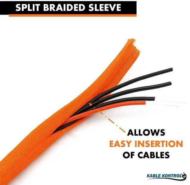 Alt view image 3 of 6 - 25 Ft - 1.25 Inch Braided Cable Sleeve - Self Closing Split Wire Wrap Cord Hider Organizer Wire Loom Tubing Cover for Automotive, Industrial Cable Management - Orange