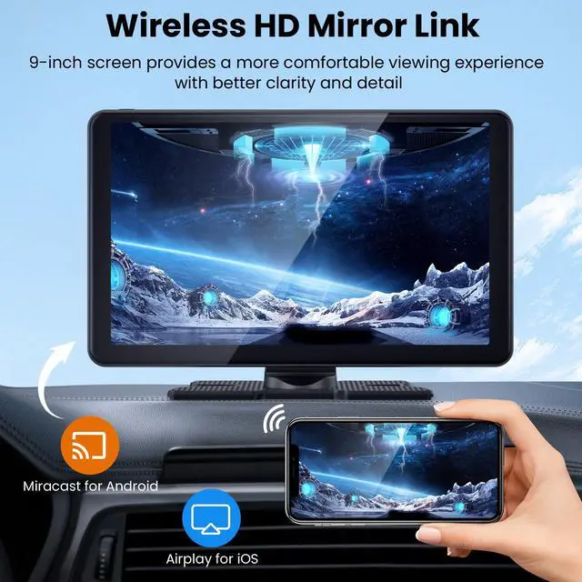 Alt view image 2 of 6 - Wireless Portable Carplay Screen with 4K Dash Cam, 9" HD Touch Screen with A-pple Carplay & Android Auto Car Stereo, with 1080p Backup Camera, GPS Navigation/Mirror Link/Voice Control/Bluetooth