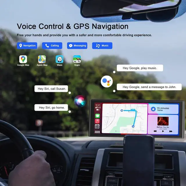 Alt view image 3 of 6 - 9.26" Portable Carplay Screen for Car with Wireless Apple Car Play & Android Auto Touch Screen, OTA Upgrade, Backup Camera, Voice Control, GPS Navigation, Mirror Link, Bluetooth 5.0, FM, AUX