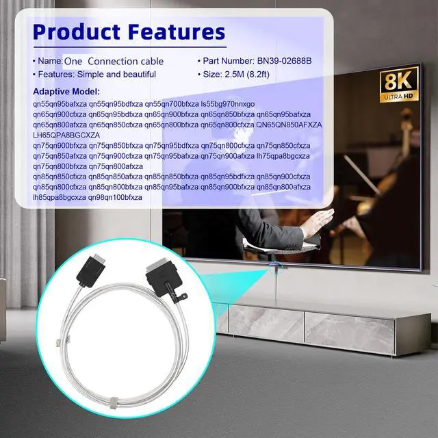 Alt view image 3 of 6 - One Invisible Connection Cable BN39-02688A for TV Neo QLED 8K Smart TV Model QN95A, QN700A, QN800A, QN900A, 8FT (2.5M), Silver, NOT fit TV Frame TV