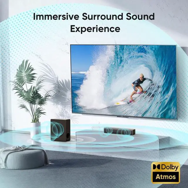 Alt view image 2 of 6 - Sound bar with subwoofer, 200W 2.1 ch soundbar w/Dolby Atmos Surround Sound System, 3D Bass Adjustable Home Theater Bluetooth TV Speaker for Smart TV/Projector/PC