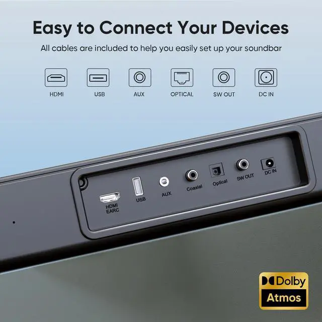 Alt view image 5 of 6 - Sound bar with subwoofer, 200W 2.1 ch soundbar w/Dolby Atmos Surround Sound System, 3D Bass Adjustable Home Theater Bluetooth TV Speaker for Smart TV/Projector/PC
