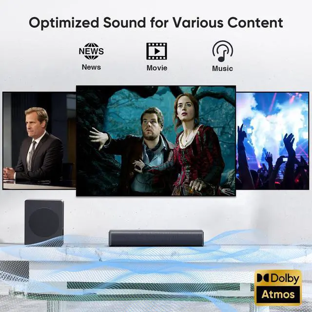 Alt view image 6 of 6 - Sound bar with subwoofer, 200W 2.1 ch soundbar w/Dolby Atmos Surround Sound System, 3D Bass Adjustable Home Theater Bluetooth TV Speaker for Smart TV/Projector/PC