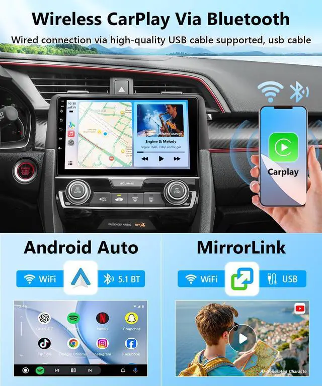 Alt view image 3 of 6 - Android Radio Stereo for Honda Civic 2016 2017 2018 2019 2020 2021 Wirelss Apple CarPlay Android Auto Mirrorlonk Support FM RDS DSP HiFi SWC BT GPS Camera (Honda Civic 2016-2021,8 Core,4GB+64GB)