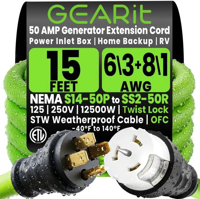 Main image of 50-Amp Generator Extension Cord (15 Ft) Inline NEMA 14-50P to SS2-50R Twist Lock Connector STW 6/3+8/1 AWG 125/250V for 50A Power Inlet Box, RV Camper, Generator to House - 15 feet