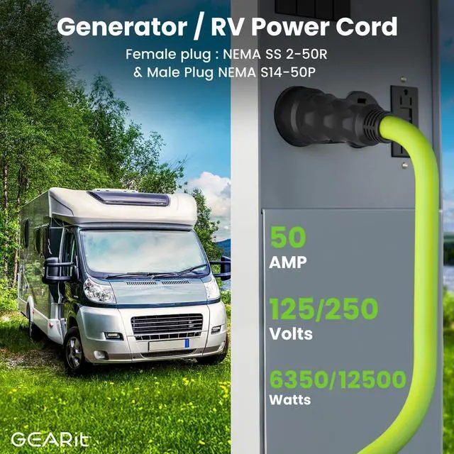 Alt view image 2 of 6 - 50-Amp Generator Extension Cord (15 Ft) Inline NEMA 14-50P to SS2-50R Twist Lock Connector STW 6/3+8/1 AWG 125/250V for 50A Power Inlet Box, RV Camper, Generator to House - 15 feet