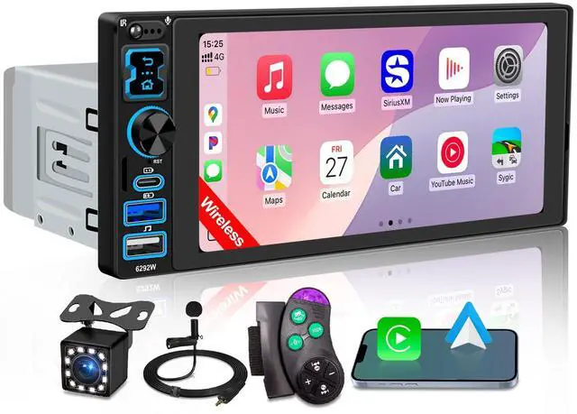 Main image of Single DIN Car Stereo Radio with Wireless Apple CarPlay & Android Auto, 6.9" IPS 1280x600 Touchscreen, Bluetooth 5.2, FM Radio, Backup Camera, 1 DIN Head Unit, 180W Subwoofer Out, Type-C Fast Charging