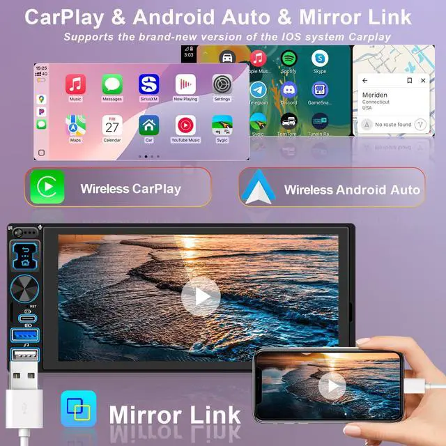 Alt view image 2 of 6 - Single DIN Car Stereo Radio with Wireless Apple CarPlay & Android Auto, 6.9" IPS 1280x600 Touchscreen, Bluetooth 5.2, FM Radio, Backup Camera, 1 DIN Head Unit, 180W Subwoofer Out, Type-C Fast Charging