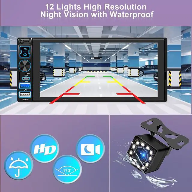 Alt view image 3 of 6 - Single DIN Car Stereo Radio with Wireless Apple CarPlay & Android Auto, 6.9" IPS 1280x600 Touchscreen, Bluetooth 5.2, FM Radio, Backup Camera, 1 DIN Head Unit, 180W Subwoofer Out, Type-C Fast Charging
