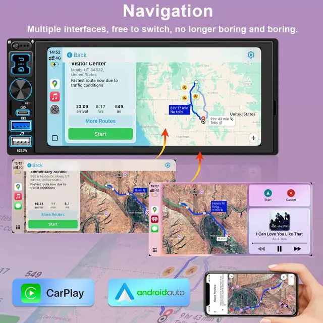 Alt view image 5 of 6 - Single DIN Car Stereo Radio with Wireless Apple CarPlay & Android Auto, 6.9" IPS 1280x600 Touchscreen, Bluetooth 5.2, FM Radio, Backup Camera, 1 DIN Head Unit, 180W Subwoofer Out, Type-C Fast Charging
