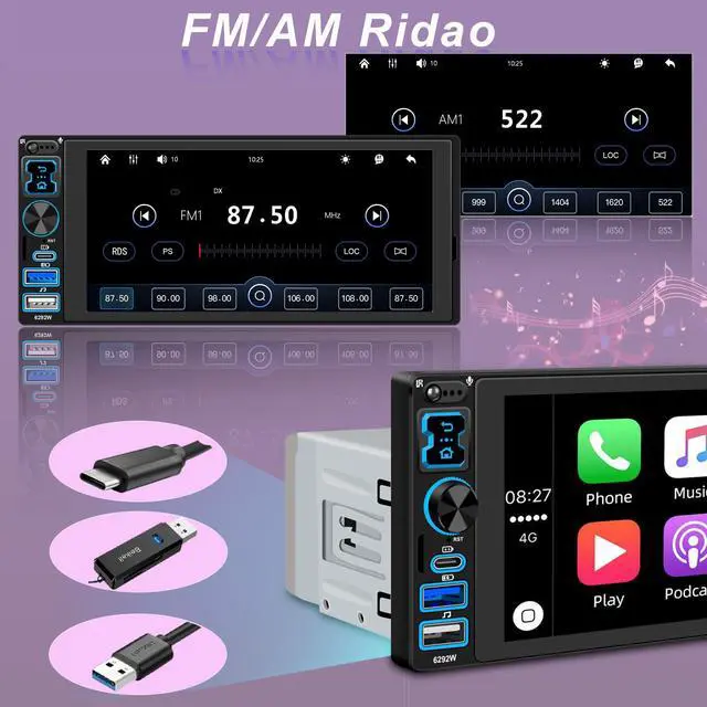 Alt view image 6 of 6 - Single DIN Car Stereo Radio with Wireless Apple CarPlay & Android Auto, 6.9" IPS 1280x600 Touchscreen, Bluetooth 5.2, FM Radio, Backup Camera, 1 DIN Head Unit, 180W Subwoofer Out, Type-C Fast Charging