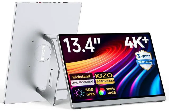 Main image of 4K Portable Monitor for Laptop, 13.4" IGZO Display with Full-Laminated Tempered Glass 500 Nits, 100% sRGB Portable Laptop Screen with Kickstand & Speakers, USB-C & HDMI Travel Monitor, U13ZC
