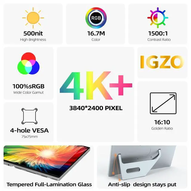 Alt view image 2 of 6 - 4K Portable Monitor for Laptop, 13.4" IGZO Display with Full-Laminated Tempered Glass 500 Nits, 100% sRGB Portable Laptop Screen with Kickstand & Speakers, USB-C & HDMI Travel Monitor, U13ZC
