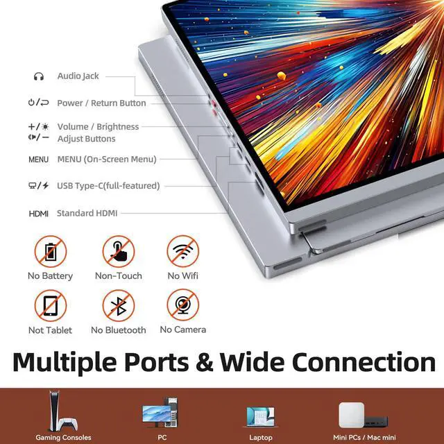 Alt view image 5 of 6 - 4K Portable Monitor for Laptop, 13.4" IGZO Display with Full-Laminated Tempered Glass 500 Nits, 100% sRGB Portable Laptop Screen with Kickstand & Speakers, USB-C & HDMI Travel Monitor, U13ZC