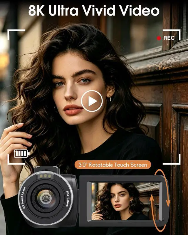 Alt view image 2 of 6 - 8K Video Camera Camcorder 64MP YouTube Vlogging Cameras IR Night Vision WiFi Webcam Camcorders with 18X Digital Zoom 3.0Touch Screen Stabilizer, Mic, 64G SD Card, Remote Control and 2 Batteries