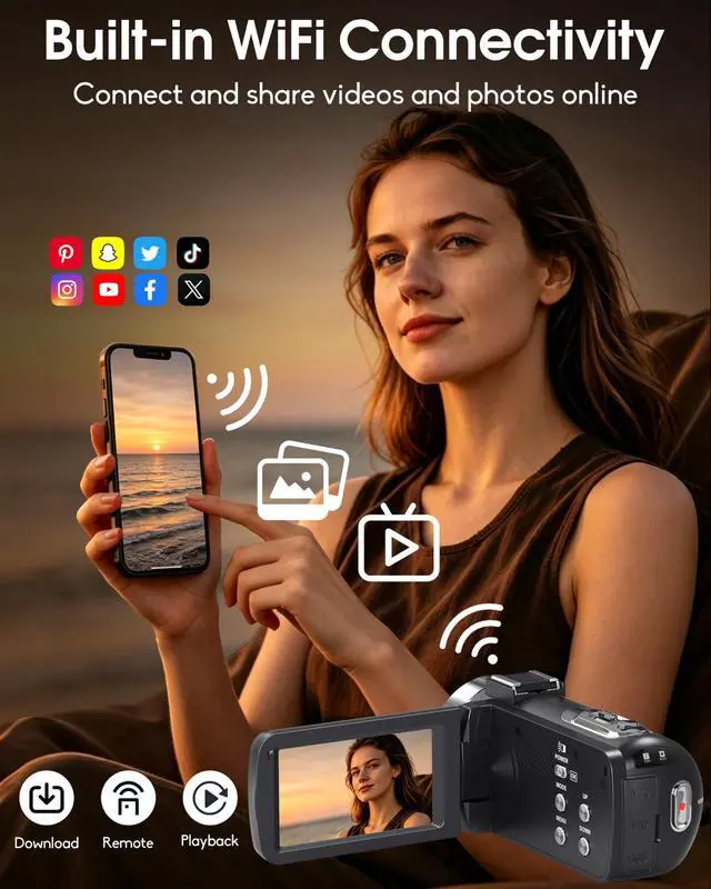 Alt view image 3 of 6 - 8K Video Camera Camcorder 64MP YouTube Vlogging Cameras IR Night Vision WiFi Webcam Camcorders with 18X Digital Zoom 3.0Touch Screen Stabilizer, Mic, 64G SD Card, Remote Control and 2 Batteries