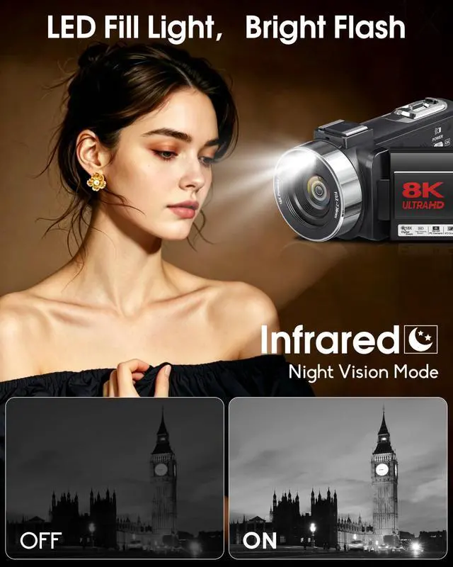 Alt view image 5 of 6 - 8K Video Camera Camcorder 64MP YouTube Vlogging Cameras IR Night Vision WiFi Webcam Camcorders with 18X Digital Zoom 3.0Touch Screen Stabilizer, Mic, 64G SD Card, Remote Control and 2 Batteries