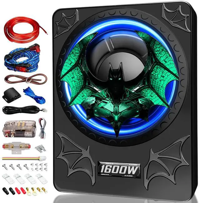 Main image of 1600W Car Subwoofer, 10" Ultra-Thin Powered Under-Seat Subs with Built-in Amplifier, (LPF/Gain/Bass Boost) LED Ambient Lights, Independent Bass Knob, Distortion-Free Deep Bass for Most Vehicles