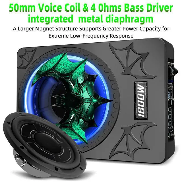 Alt view image 4 of 6 - 1600W Car Subwoofer, 10" Ultra-Thin Powered Under-Seat Subs with Built-in Amplifier, (LPF/Gain/Bass Boost) LED Ambient Lights, Independent Bass Knob, Distortion-Free Deep Bass for Most Vehicles