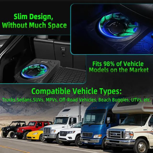Alt view image 5 of 6 - 1600W Car Subwoofer, 10" Ultra-Thin Powered Under-Seat Subs with Built-in Amplifier, (LPF/Gain/Bass Boost) LED Ambient Lights, Independent Bass Knob, Distortion-Free Deep Bass for Most Vehicles